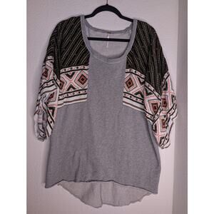 Free People Geometric Aztec Sweatshirt Tunic Boho Raw Hem L